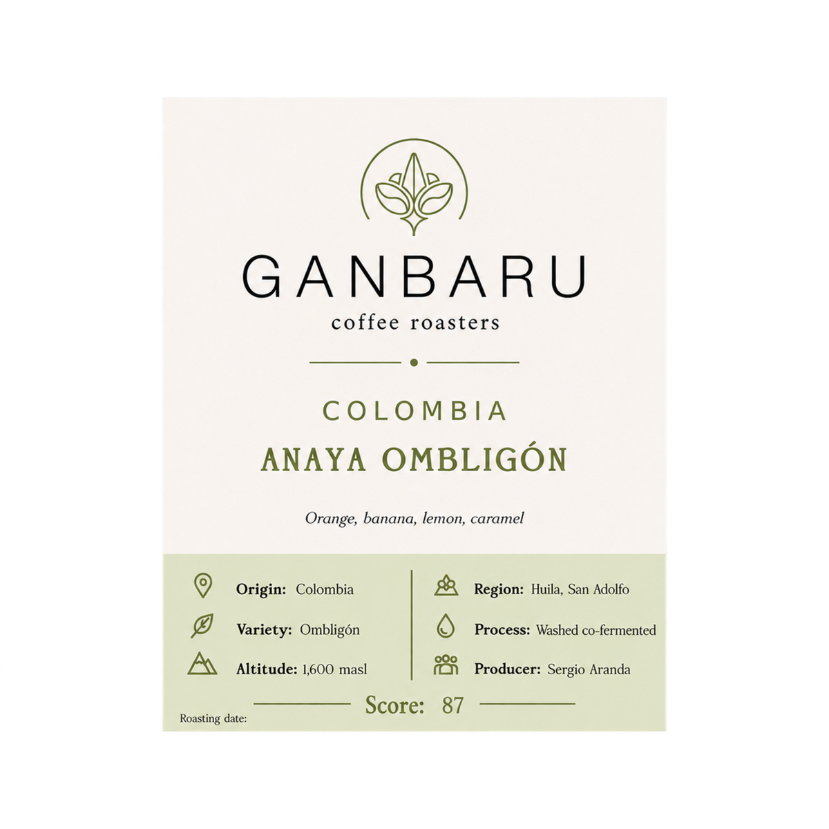Etiqueta Colombia Anaya Ombligón de Ganbaru Coffee