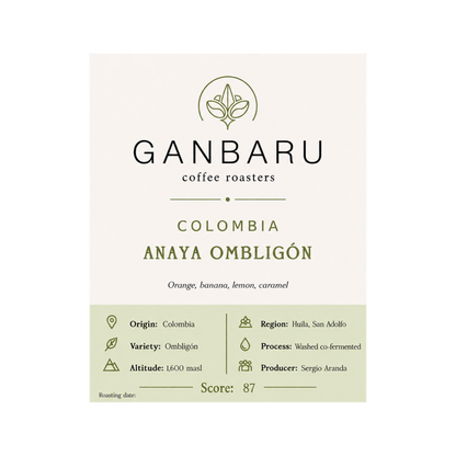 Etiqueta Colombia Anaya Ombligón de Ganbaru Coffee