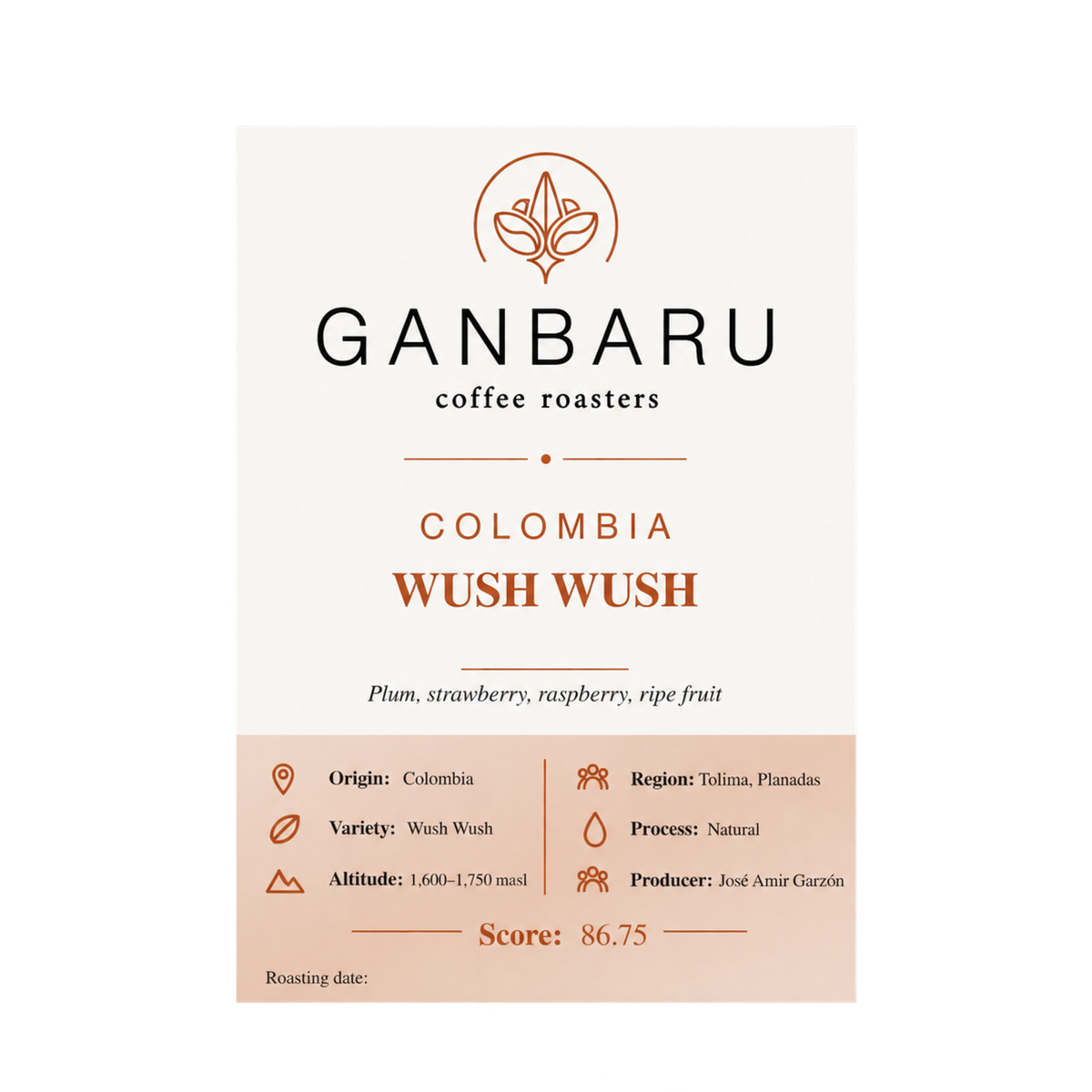 Etiqueta Colombia Wush Wush de Ganbaru Coffee