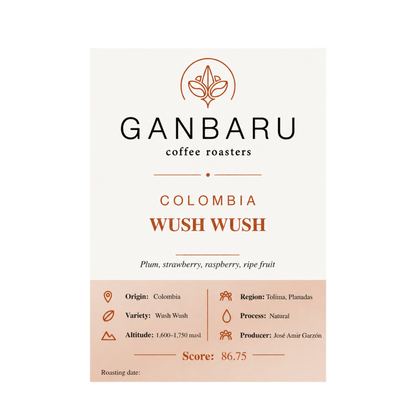Etiqueta Colombia Wush Wush de Ganbaru Coffee