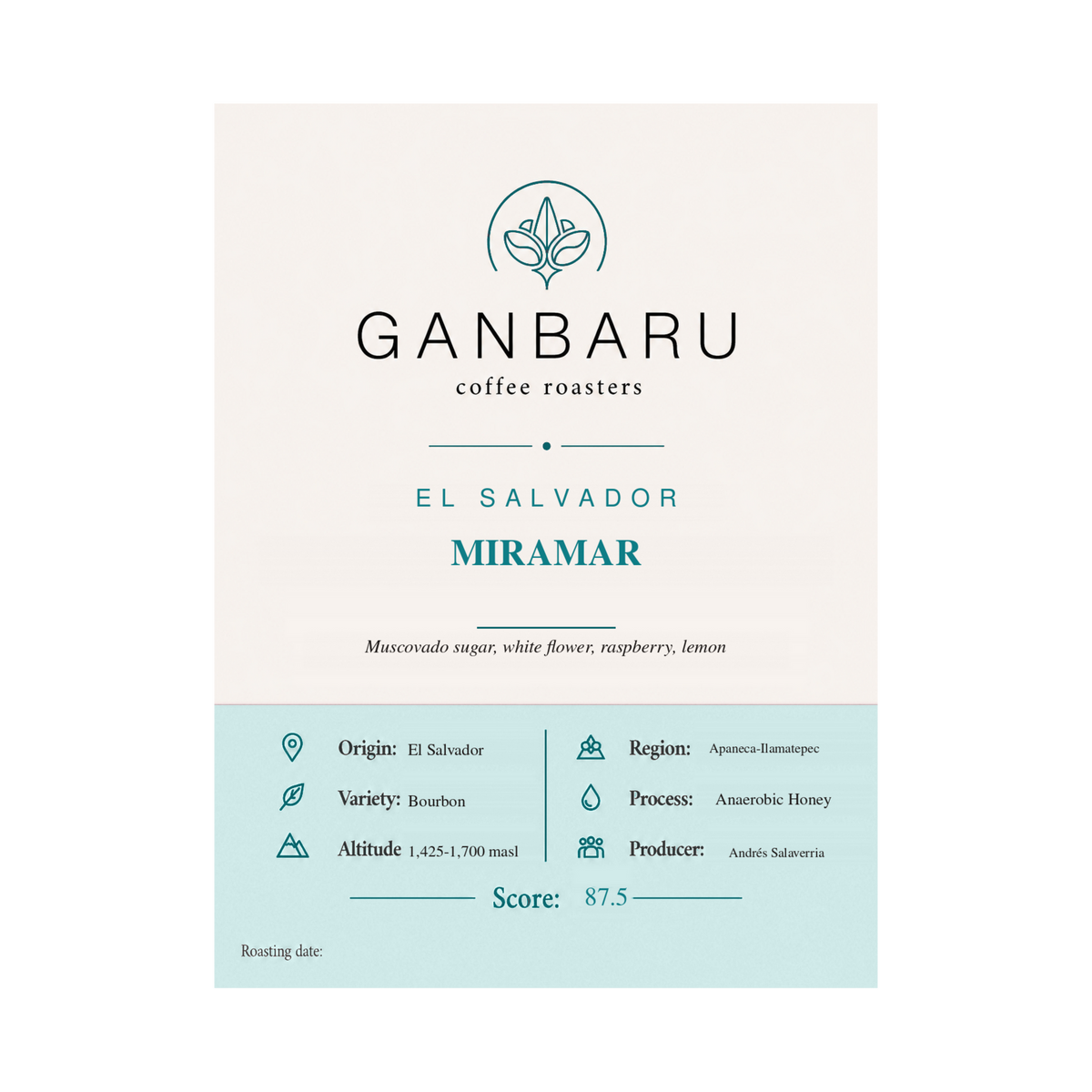 Etiqueta El Salvador Miramar de Ganbaru Coffee