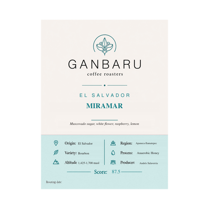 Etiqueta El Salvador Miramar de Ganbaru Coffee
