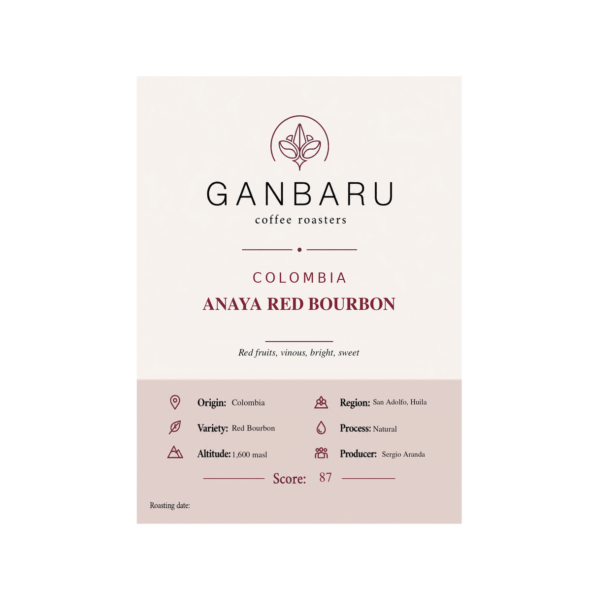 Etiqueta Colombia Anaya Red Bourbon de Ganbaru Coffee