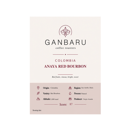 Etiqueta Colombia Anaya Red Bourbon de Ganbaru Coffee