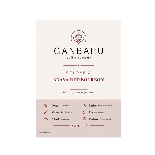Etiqueta Colombia Anaya Red Bourbon de Ganbaru Coffee