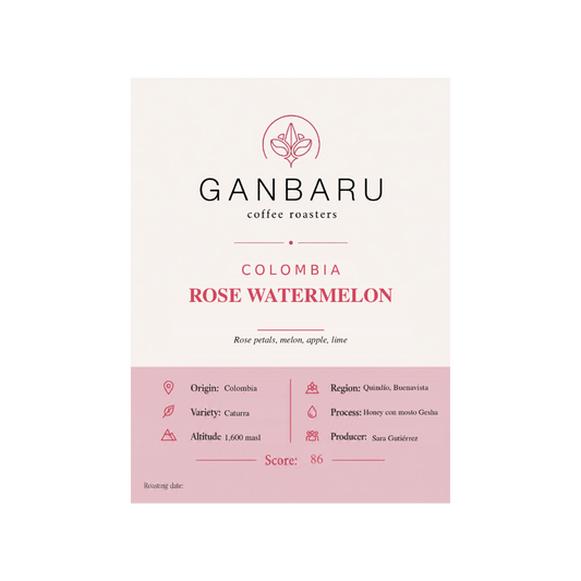 Etiqueta Colombia Rose Watermelon de Ganbaru Coffee