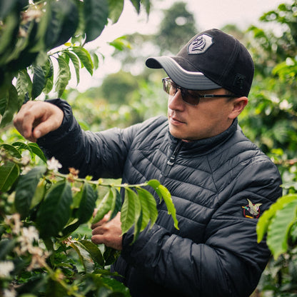 Sergio Aranda entre los cafetales de Finca Anaya, Huila